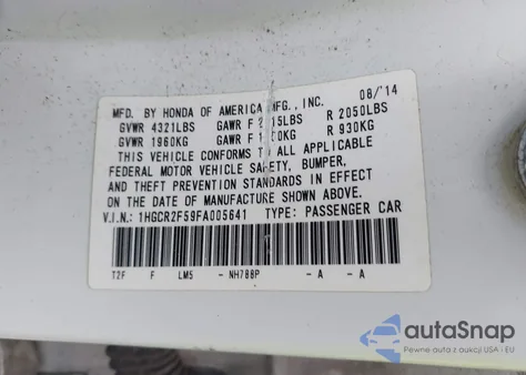 2015 Honda Accord Sport from USA, damaged, VIN 1HGCR2F59FA005641